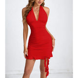 KYLETHOMASW  -  New European American Women's Sexy Halterneck Pleated Hip-hugging Ruffled Dress