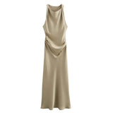 KYLETHOMASW  -  Summer New Women Sleeveless Dress Fashion Temperament Sexy Silk Satin Texture Solid Color Midi Long Dress Women Elegant