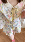 KYLETHOMASW  -  French Retro Long Sleeved Sleepwear Women Summer Popular Online Style New Sweet Oil Painting Girls Rose Home Set