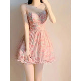 KYLETHOMASW  -  Sweet New Pink Sexy Dress Sweet Fresh Style Fragmented Flowers Print Waist Wrapped Slim Student Summer Short Lovely