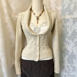 KYLETHOMASW  -  Women Y2K Cream White Shawl Collar Cable Knit Cardigan Long Sleeve Button‑Down Waist‑Fitted Cropped Vintage Knitted Top