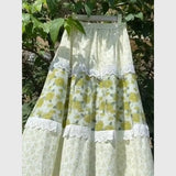 KYLETHOMASW  -  Girl Flower Print Skirt Elegant Lace Patchwork Midi Skirt Women Summer Casual Elastic Waist A-Line Skirt Boho Faldas 405A