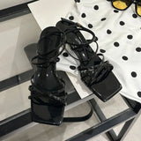 KYLETHOMASW  -  Fashion Cross-tied Women Low Heel Sandals Shoes Shallow Female Square Toe Footwear Sexy Ladies Heeled Shoes Sandals Pumps