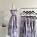 KYLETHOMASW  -  Sweet Butterfly Printed Irregular Rose Waist Slimming Strap Camisole Dress Summer Retro A-line Long Dress for Women