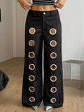 KYLETHOMASW  -  Women's black straight-leg pants metal rings hollow high-waisted loose-fitting trendy streetwear Y2K era high street aesthetic