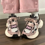 KYLETHOMASW  -  Pink White Chunky Dad Sneakers Women Black Accent Mesh Lace Up Thick Sole Casual Shoes Streetwear Daily Korean Sporty Fashion