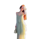 KYLETHOMASW  -  Sexy Backless Strapless Long Dress Women's Summer Vacation Green Loose A-Line Skirt Polyester V-Neck Sleeveless Casual Gown