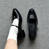 KYLETHOMASW  -  Women Shallow Mouthed Mary Jane Shoes Thick Heel with A Single Button Women Leather Shoes Metal Decorative Leisure Flat Shoes