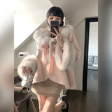 KYLETHOMASW  -    French Socialite Bow Pink Fur Collar Woolen Cloak Coat High Waist Short Skirt Set Autumn/Winter Two Piece Sets Women Outfits