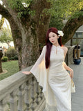 KYLETHOMASW  -  New Chinese Style Dress Set For Women in Spring And Summer With a Refreshing and Retro Feel Cheongsam White Long Skirt Cardigan