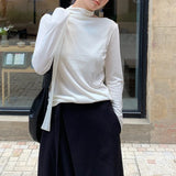 Kylethomasw Vintage Pleated Lace-up Casual Long-sleeved T-shirt Women Autumn New High Street Solid Color All Match Tops