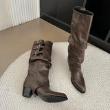 KYLETHOMASW  -  Vintage Belt Buckle Women Knee High Boots Fashion Removable Shoes Autumn Winter Ladies Elegant Thick Heel Knight Long Booties