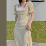 KYLETHOMASW  -  Fairy Beach Dress Women Lace Square Collar Belt Waist Slim Fit Folds Long Dresses Summer Puff Sleeve Elegant Vestidos