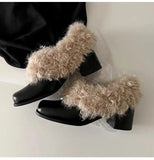 KYLETHOMASW  -  Ins style Fashion Square toe Patent Leather Wool Women Pumps Autumn Winter Warm High heels Loafers Casual Girls Chunky Shoes