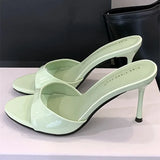 KYLETHOMASW  -  Fashion Thin High Heeled Slippers Women Sexy Round Toe Open Toe Patent Leather Slide Sandals Summer Elegant High Heels Sandalias