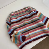 KYLETHOMASW  -  Retro Colorful Striped Knitted Cardigans Women Outerwear Autumn Winter Casual Loose V-neck Single Breasted Sweater Coats Tops