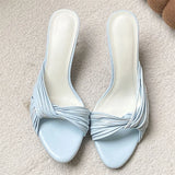 KYLETHOMASW  -  Elegant Women Thin Strap Kitten Heel Mules Open Toe Slip on Sandals Black White Blue Casual Summer Party Slides Shoes