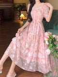KYLETHOMASW  -  French tulip flower sweet temperament floral square neck long dress summer large size high waist thin gentle style dress