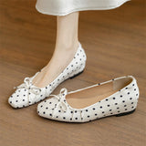 KYLETHOMASW  -  New Women Polka Dot Ballet Flats Bow Knot Square Toe Slip On Soft Satin Casual Daily Office Flat Shoes