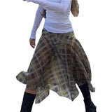 KYLETHOMASW  -  Women Flowy Plaid Skirts Elegant Asymmetrical Hem Midi Skirt