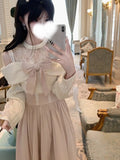 KYLETHOMASW  -  Japanese Elegant Sweet Pink Lolita Dress Women Kawaii Bow Lace Sweater Off-shoulder Long Dress Korean Y2k Party Princess Dresses