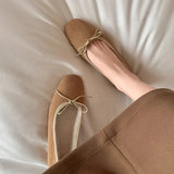 KYLETHOMASW  -  square toe suede leather fur flats women elegant bowtie ballerina shoes warm plush winter mocasines women slip on furry loafers