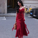 KYLETHOMASW  -  Vintage Red Midi Dress Women Elegant Party Prom Ruffles Spaghetti Strap Dresses Summer Fairy Korean Bodycon Chic Vestidos