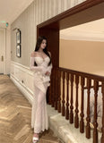 KYLETHOMASW  -  Spring French Sexy Elegant 3D Flower Evening Gown Women Backless Flared Sleeves Lace Bandeau Dress Chic Banquet Party Gown