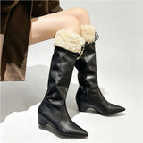 KYLETHOMASW  -  Big Size 42 Vintage y2k Knee‑High Boots Women Shoes Pointed Toe Shearling Fleece Warm Winter Inside Wedge Heel Cowboy Boots