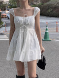 KYLETHOMASW  -  2025 New Korean Chic Summer Gentle Temperament Square Neck Cross Tie Waist Slimming Sleeveless Cake Vest Dress Women