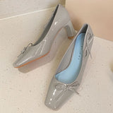 KYLETHOMASW  -  Elegant Side Bow Decoration Chunky Heel Pumps Women Luxury Patent Leather Square Toe High Heels Fashion Shallow Party Dress Shoe