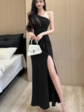 KIylethomasw Women Sexy Backless Slim Split Long Dress Summer Fashion Elegant Sleeveless Off Shoulder Elegant Club Party Mesh Dresses