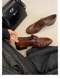 KYLETHOMASW  -  Women's New Retro Pleated Black Leather Penny Loafers Premium Eel Skin Texture Comfortable Slip-On Flats Daily Office Casual