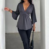 KYLETHOMASW  -  Women Casual Deep V Neck Blouse Loose Fit Long Sleeve Top Flowy Bell Sleeve Tunic Shirt Daily T-shirt Sexy Summer Outfit