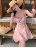 KYLETHOMASW  -  Casual Light Pink Printed Sleeveless Dress Beach Fashion Y2K Vintage Chic Summer French Retro Elegant Chiffon Midi Dress Women