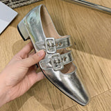 Kylethomasw  -  Women's genuine leather double metal buckle slip-on mary jane flats sqaure toe casual female soft comfortable ballerinas shoes