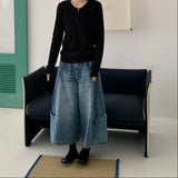 KYLETHOMASW  -  Casual Woman’ s Deep Blue Capri Pants Simple Design High Waist Slim Retro Style Loose Fit Jeans Trendy Women's Shorts