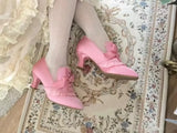 KYLETHOMASW  -  Women Sweet Lolita Vintage Satin Heels Scalloped Lace Ruffle Bow Front Lace Up Design Victorian Curved Heel Bridal Costume Pumps