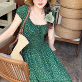 KYLETHOMASW  -  Green Floral Print Long Dresses Spring Summer French Style Vintage Women Dress Elegant Fashion Spring Summer Vestidos Mujer