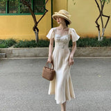 KYLETHOMASW  -  French Elegant Flying Sleeve Floral Dress for Women Summer Stylish Splicing Square Neck Slimming A-line Long Dress