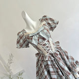 KYLETHOMASW  -  Pure Cotton Plaid Preppy Dress Women British Retro Lace Bandage Bow Kawaii Mini Dress Vintage Chic Square Collar Ball Gown Dress