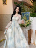 KYLETHOMASW  -  Floral V Neck Long Dress Spring Summer A-line French Style Vintage Women Dresses Elegant Sweet A-line Vestidos Mujer