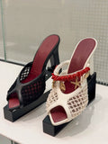 KYLETHOMASW  -  Women Mesh Mule Heels Red Coral Beads Seashell Decor High Heel Summer Beach Vacation Fashion Sandals Open Back Slip On Party