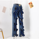 Kylethomasw Street hollow cross straight flared jeans INS fashion wide-leg women's casual denim trousers free shipping