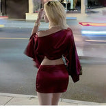 KYLETHOMASW  -  Womens One Shoulder Satin Two Piece Set Cape Sleeve Crop Top and Mini Skirt Set