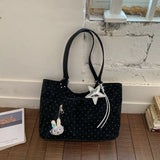 KYLETHOMASW  -  Vintage Frosted Tote Bag Casual Students Purse Large Capacity Shoulder Bag Polka Dot Drawstring Zipper Handbag with Star Pendant