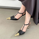 Kylethomasw Metal Pointed Toe Thin High Heels Women T-Strap Pearl Elegant Party Dress Shoes Ladies Fashion Designer Pumps Women Sandals