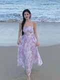 KYLETHOMASW  -  Women Summer Floral Print Sexy Off Shoulder Backless Elegant Party Dresses High Waist Lace-up Sleeveless Slim Beach Maxi Dress