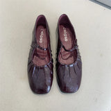 KYLETHOMASW  -  Pleated Mary Janes Flats Shoes Women Square Toe Pu Leather Comfortable Elegant Red Shoes Ladies Shallow Black Ballet Flats New