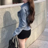 Kylethomasw Vintage Distressed Denim Sexy Slim Long-sleeved Shirt Women Spring New Polo Collar Single-breasted Solid Color Casual Tops